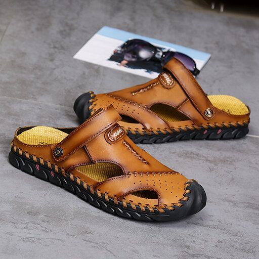 Heren Echt Leer Hand Stiksels Dual-use Hollow Out Ademend Slip Op Gesloten Teen Casual Zomer Sandalen