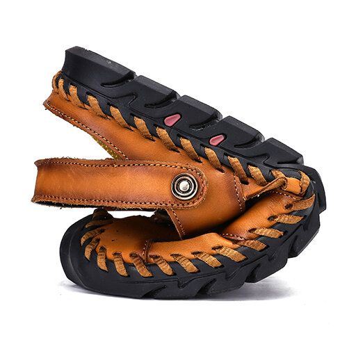 Heren Echt Leer Hand Stiksels Dual-use Hollow Out Ademend Slip Op Gesloten Teen Casual Zomer Sandalen