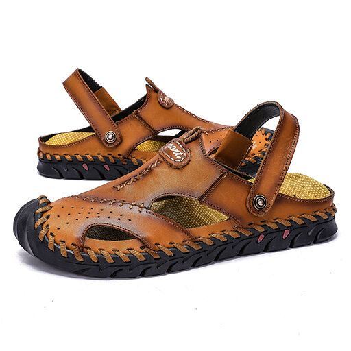 Heren Echt Leer Hand Stiksels Dual-use Hollow Out Ademend Slip Op Gesloten Teen Casual Zomer Sandalen