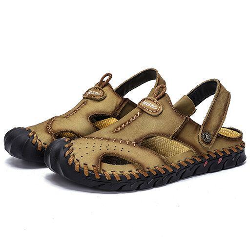 Heren Echt Leer Hand Stiksels Dual-use Hollow Out Ademend Slip Op Gesloten Teen Casual Zomer Sandalen