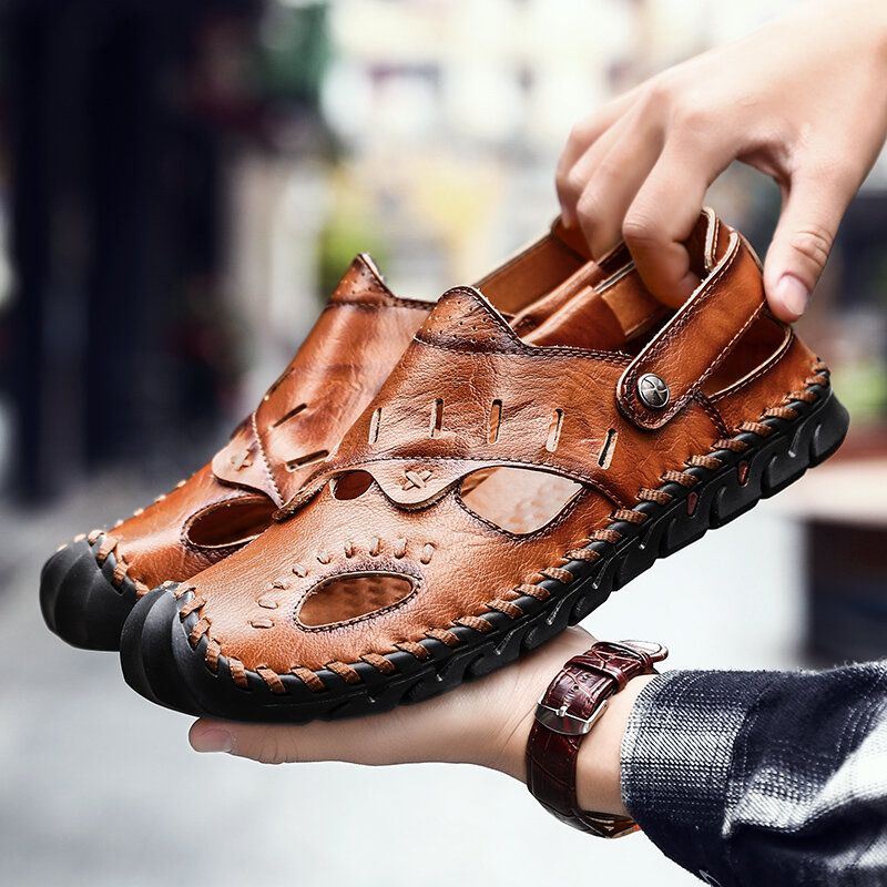 Heren Echt Leer Hand Stiksels Hollow Out Casual Zachte Sandalen