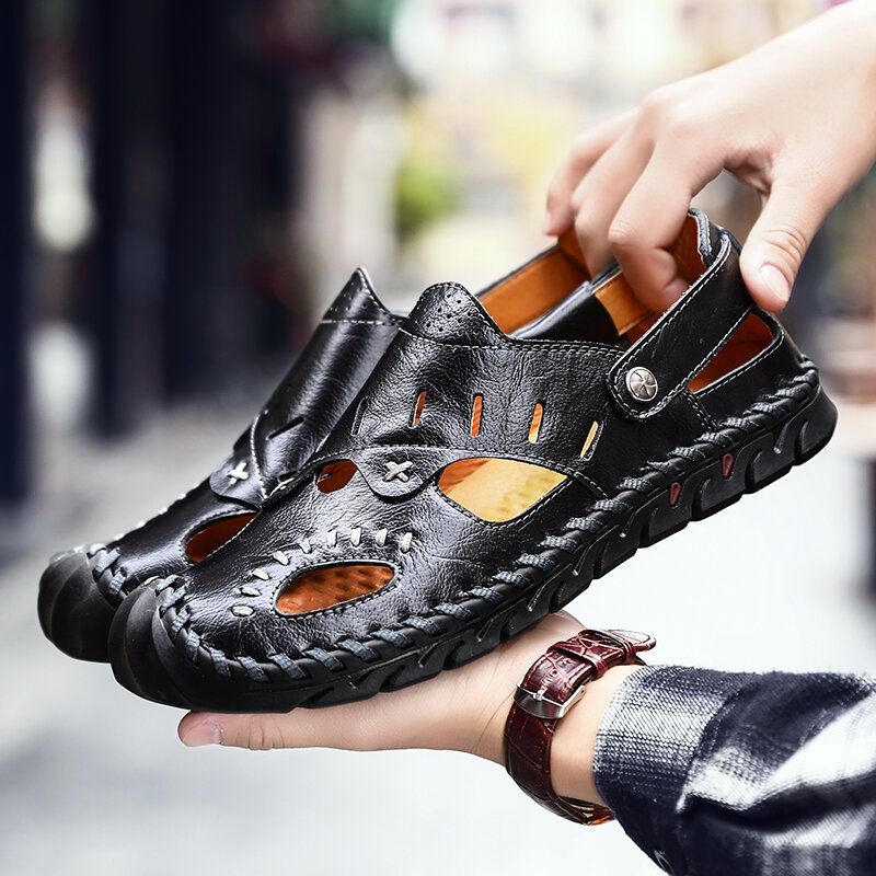 Heren Echt Leer Hand Stiksels Hollow Out Casual Zachte Sandalen