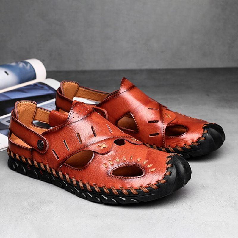 Heren Echt Leer Hand Stiksels Hollow Out Casual Zachte Sandalen