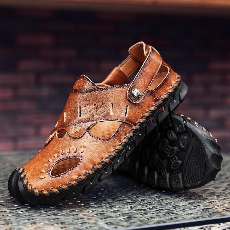 Heren Echt Leer Hand Stiksels Hollow Out Casual Zachte Sandalen