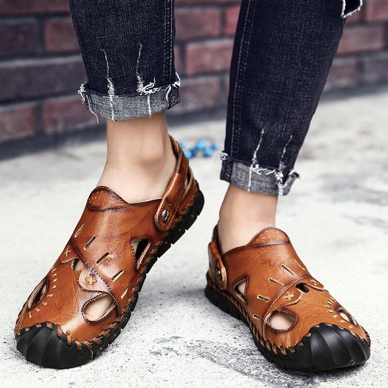 Heren Echt Leer Hand Stiksels Hollow Out Casual Zachte Sandalen