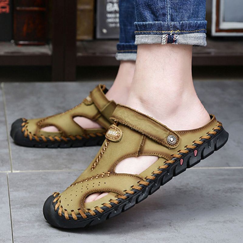 Heren Handstiksels Antislip Outdoor Casual Strand Leren Sandalen