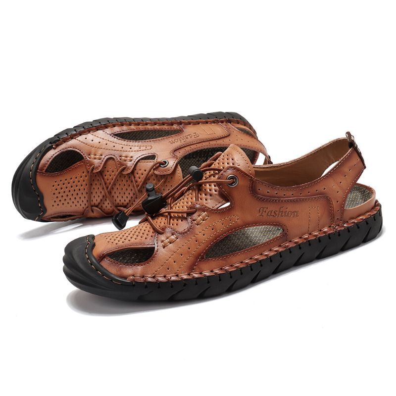 Heren Handstiksels Hollow Antislip Elastische Kant Casual Leren Sandalen