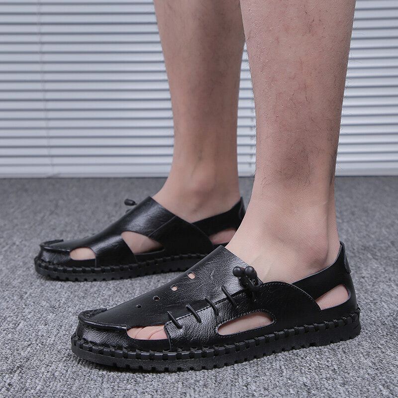 Heren Handstiksels Koe Leer Antislip Zachte Zool Casual Sandalen