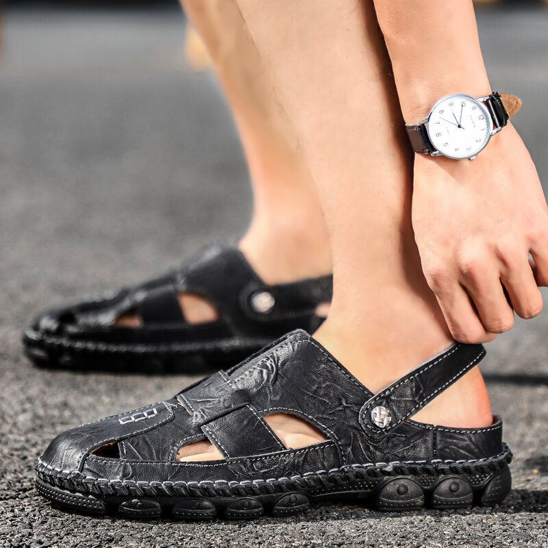 Heren Handstiksels Rundleer Antislip Outdoor Casual Sandalen