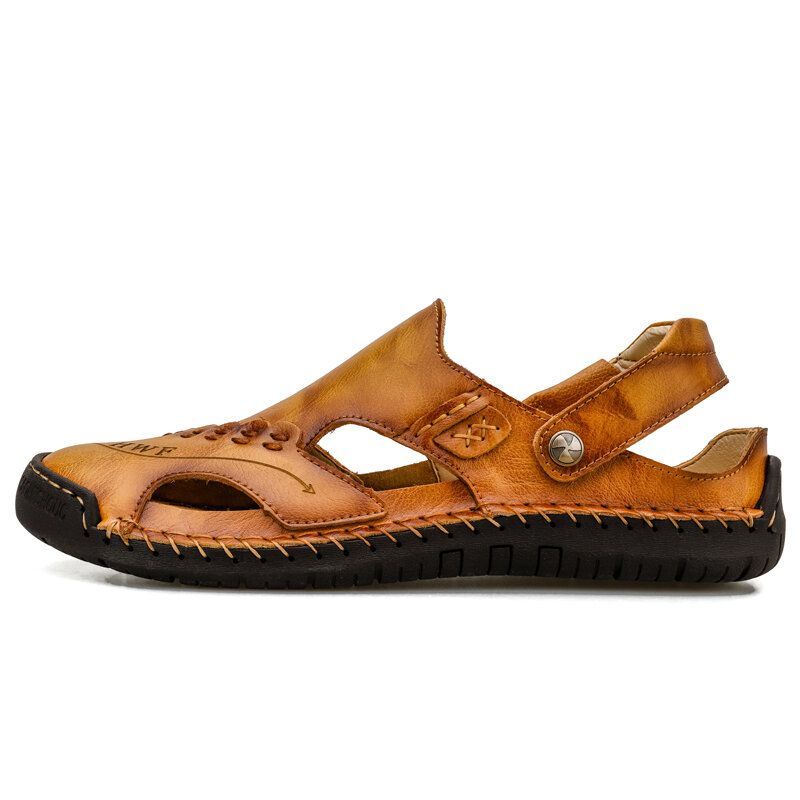 Heren Handstiksels Zachte Antislip Outdoor Gesloten Teen Lederen Sandalen