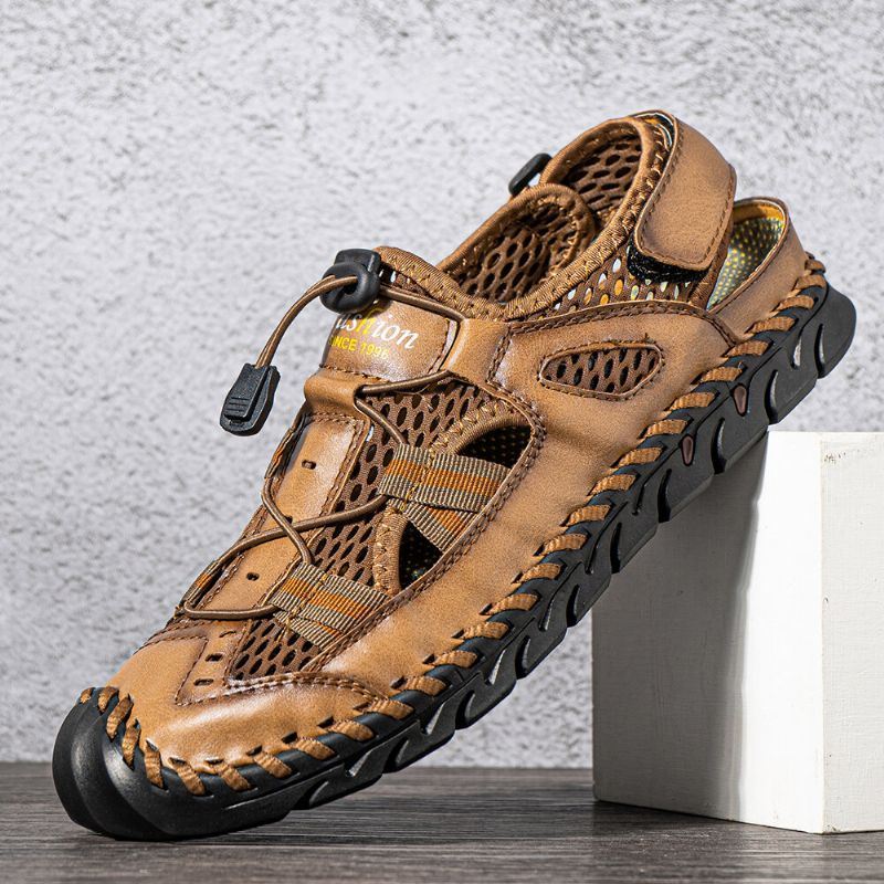 Heren Koeienhuid Ademend Handstiksel Zachte Onderkant Gesloten Teen Strand Casual Outdoor Sandalen