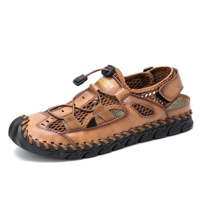 Heren Koeienhuid Ademend Handstiksel Zachte Onderkant Gesloten Teen Strand Casual Outdoor Sandalen