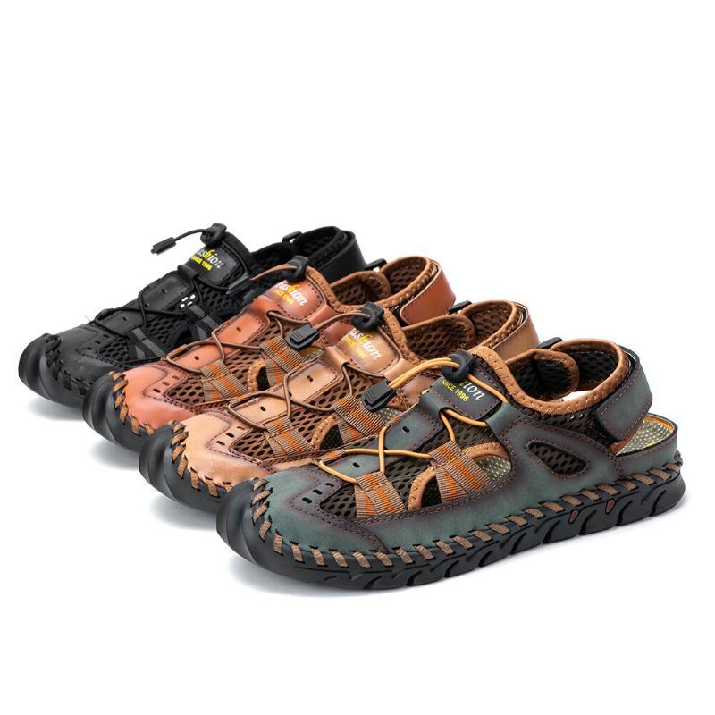 Heren Koeienhuid Ademend Handstiksel Zachte Onderkant Gesloten Teen Strand Casual Outdoor Sandalen