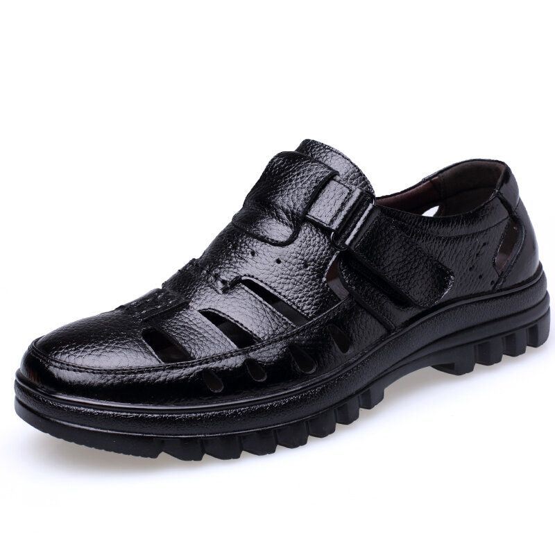 Heren Koeienhuid Ademend Uitgehold Antislip Zachte Dikke Bodem Gesloten Teen Casual Leren Sandalen