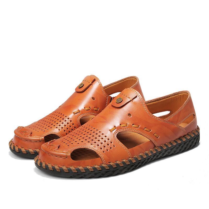 Heren Koeienhuid Ademend Uitgehold Handstiksels Casual Sandalen