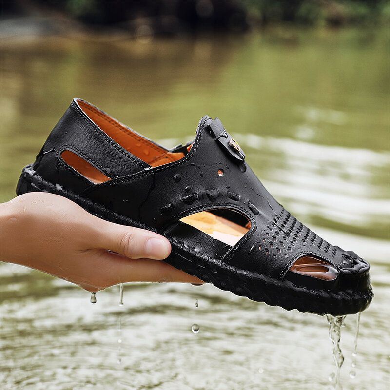 Heren Koeienhuid Ademend Uitgehold Handstiksels Casual Sandalen