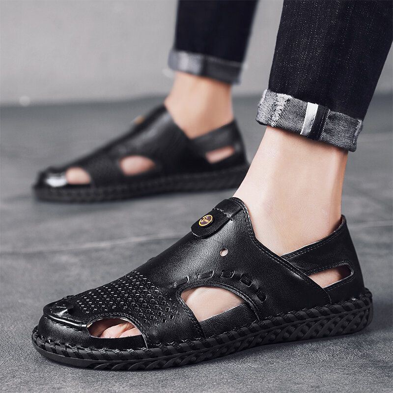 Heren Koeienhuid Ademend Uitgehold Handstiksels Casual Sandalen