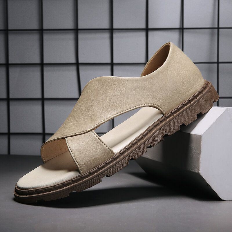 Heren Koeienhuid Ademend Uitgehold Zachte Bodem Geopend Teen Slip On Casual Sandalen