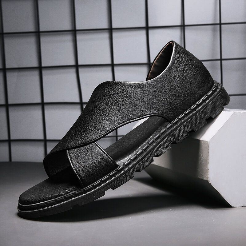 Heren Koeienhuid Ademend Uitgehold Zachte Bodem Geopend Teen Slip On Casual Sandalen