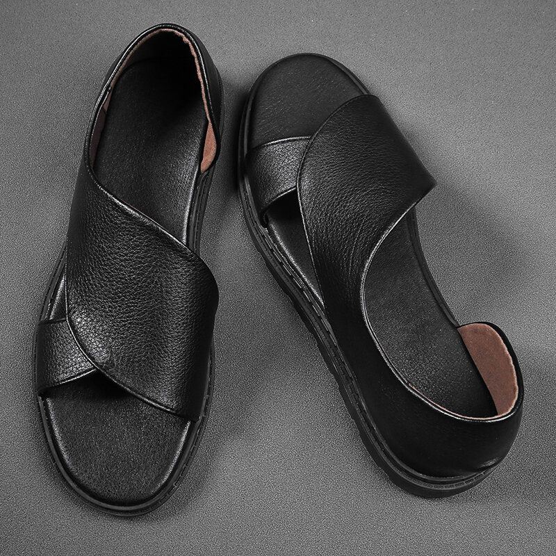 Heren Koeienhuid Ademend Uitgehold Zachte Bodem Geopend Teen Slip On Casual Sandalen