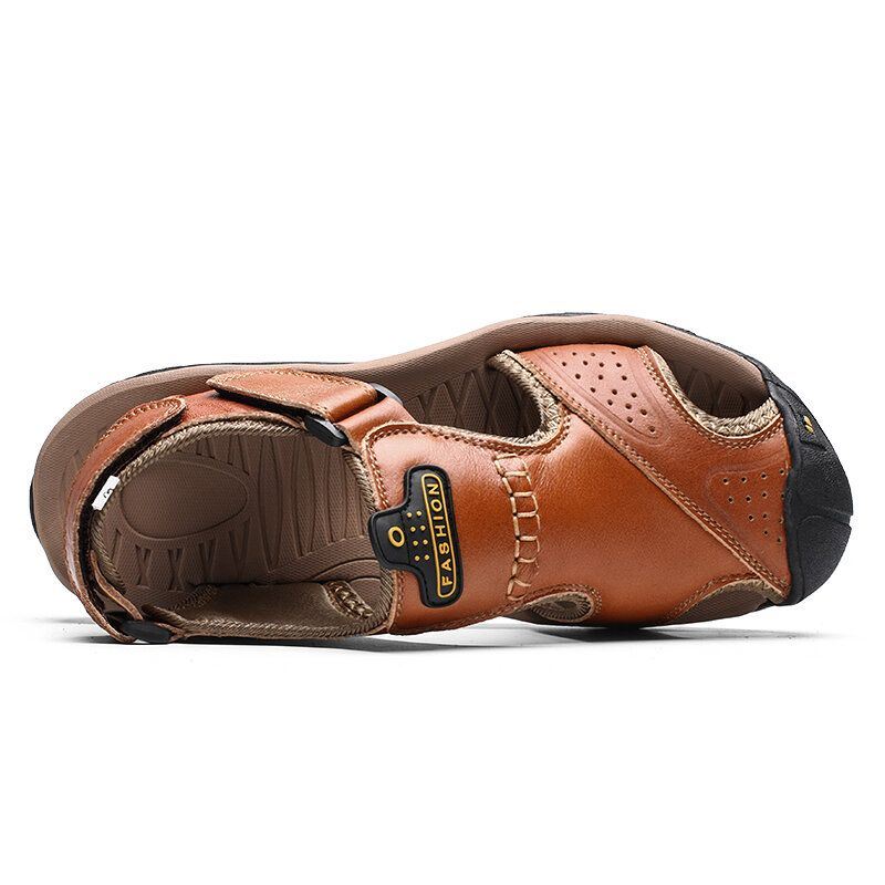 Heren Koeienhuid Ademend Zachte Bodem Antislip Gesloten Teen Haaklus Casual Outdoor Sandalen