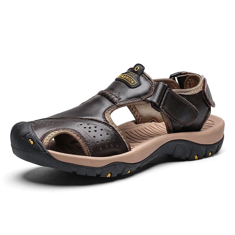 Heren Koeienhuid Ademend Zachte Bodem Antislip Gesloten Teen Haaklus Casual Outdoor Sandalen