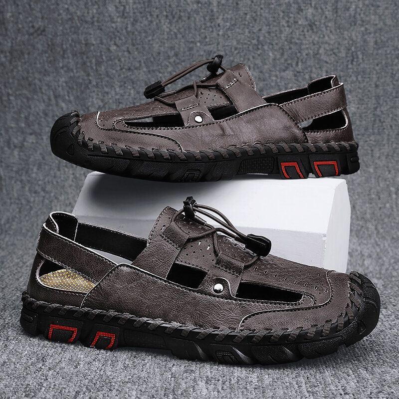 Heren Koeienhuid Ademende Handstiksels Zachte Bodem Antislip Outdoor Casual Sandalen