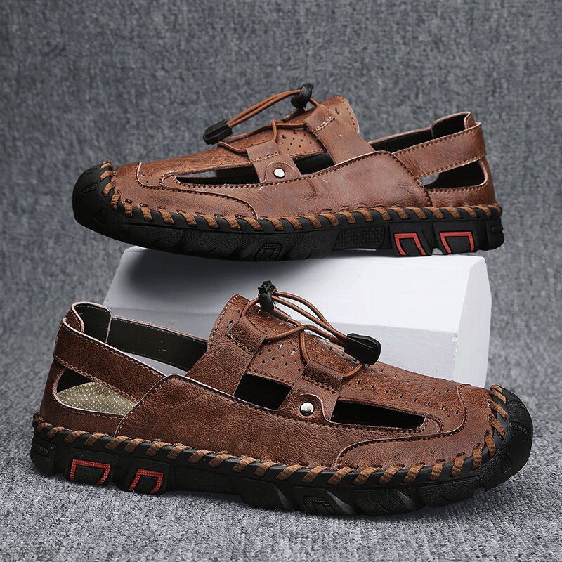 Heren Koeienhuid Ademende Handstiksels Zachte Bodem Antislip Outdoor Casual Sandalen