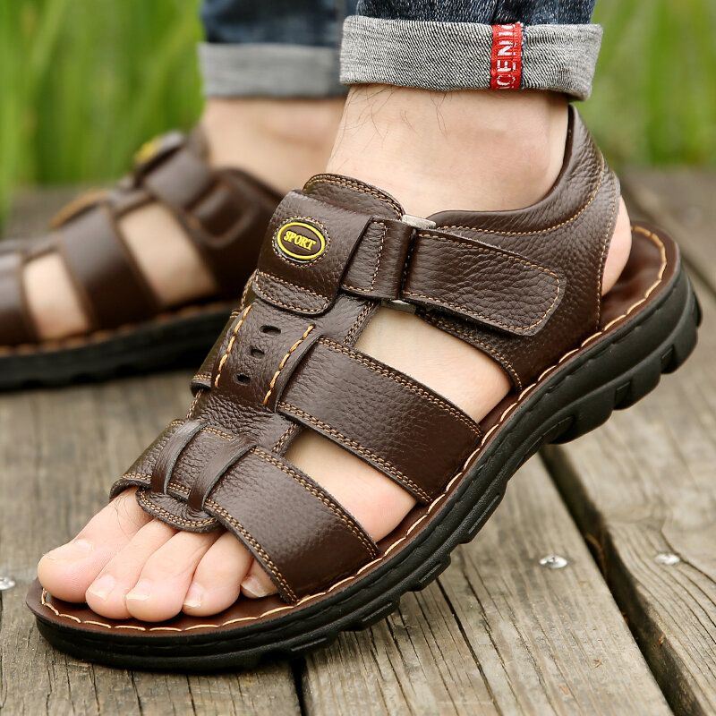 Heren Koeienhuid Ademende Zachte Bodem Antislip Geopend Haaklus Casual Strandsandalen