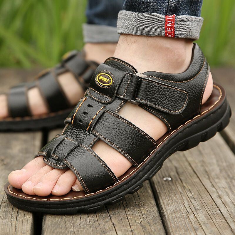 Heren Koeienhuid Ademende Zachte Bodem Antislip Geopend Haaklus Casual Strandsandalen