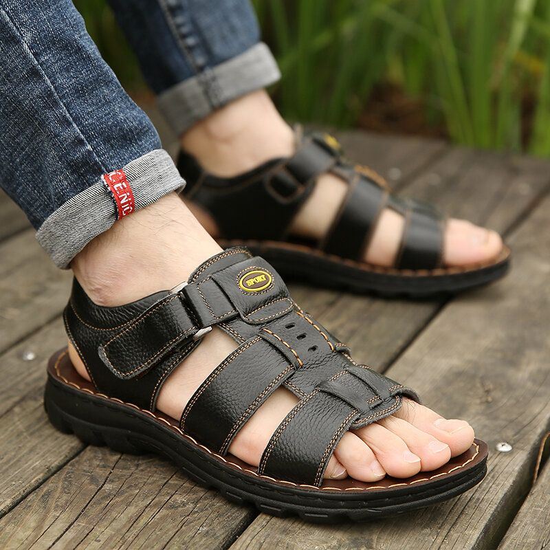 Heren Koeienhuid Ademende Zachte Bodem Antislip Geopend Haaklus Casual Strandsandalen