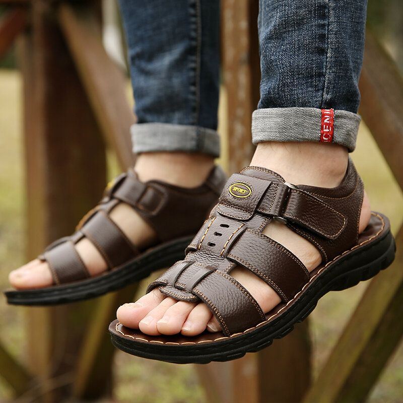 Heren Koeienhuid Ademende Zachte Bodem Antislip Geopend Haaklus Casual Strandsandalen