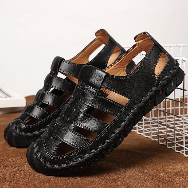 Heren Koeienhuid Ademende Zachte Bodem Uitgeholde Gesloten Teen Rijden Casual Strand Sandalen