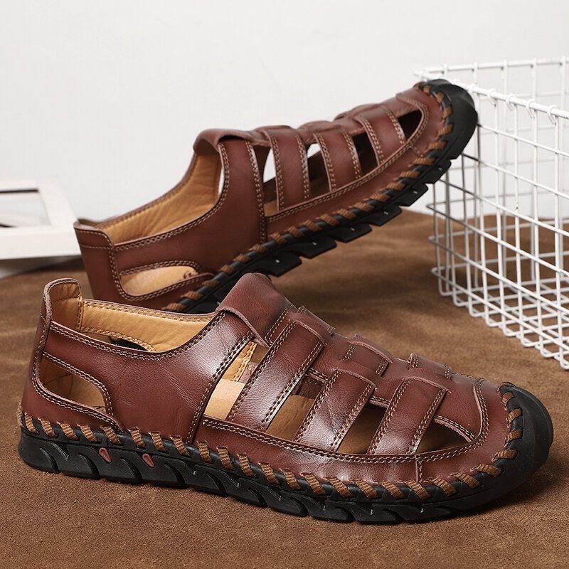 Heren Koeienhuid Ademende Zachte Bodem Uitgeholde Gesloten Teen Rijden Casual Strand Sandalen