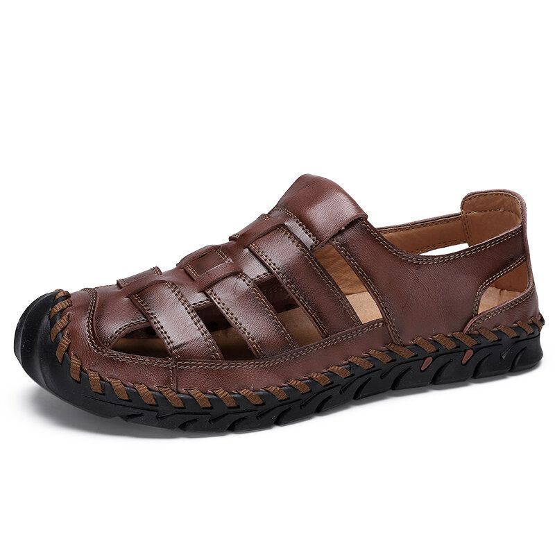 Heren Koeienhuid Ademende Zachte Bodem Uitgeholde Gesloten Teen Rijden Casual Strand Sandalen