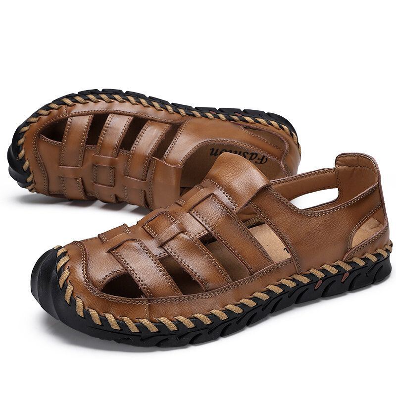 Heren Koeienhuid Ademende Zachte Bodem Uitgeholde Gesloten Teen Rijden Casual Strand Sandalen