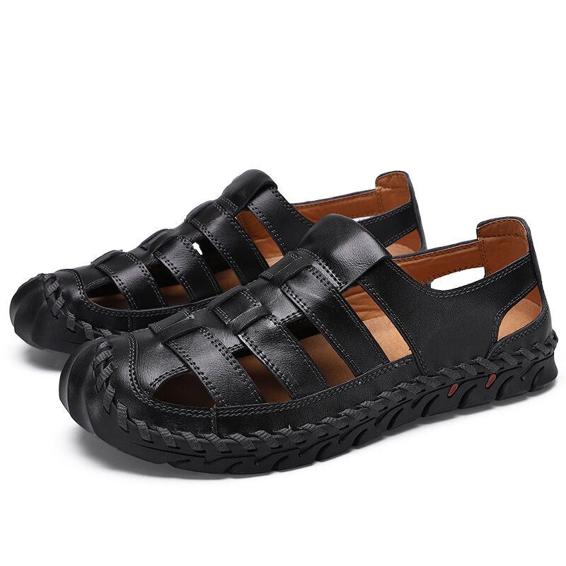 Heren Koeienhuid Ademende Zachte Bodem Uitgeholde Gesloten Teen Rijden Casual Strand Sandalen