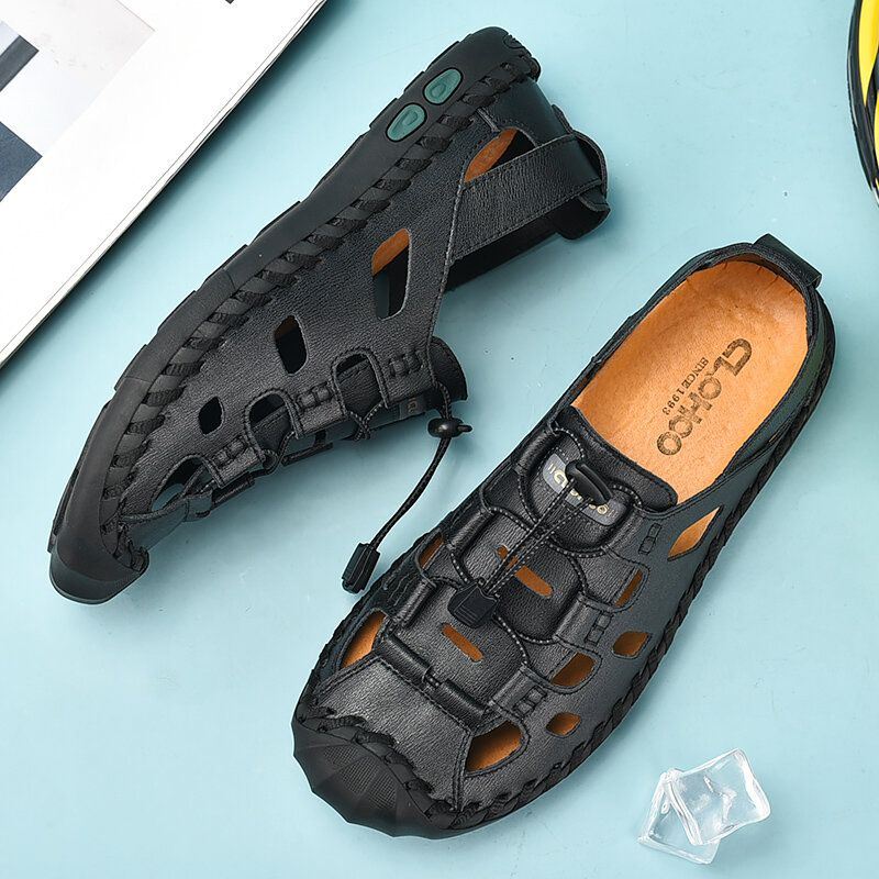 Heren Koeienhuid Uitgehold Handstiksels Zachte Zool Antislip Comfortabele Casual Outdoor Sandalen