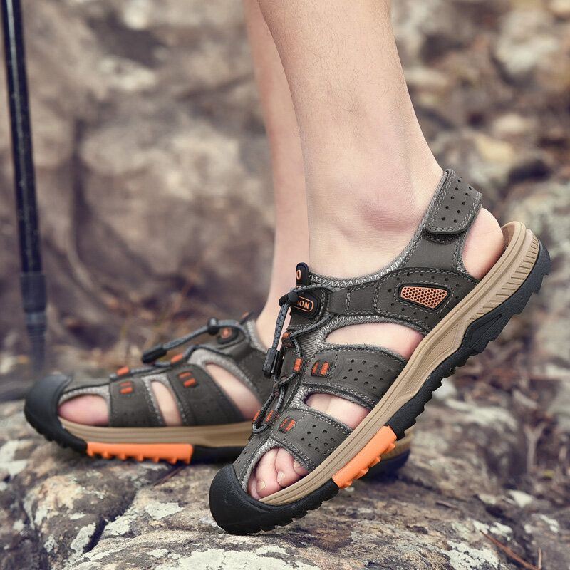 Heren Koeienhuid Zachte Bodem Antislip Gesloten Teen Comfortabele Platte Casual Outdoor Sandalen