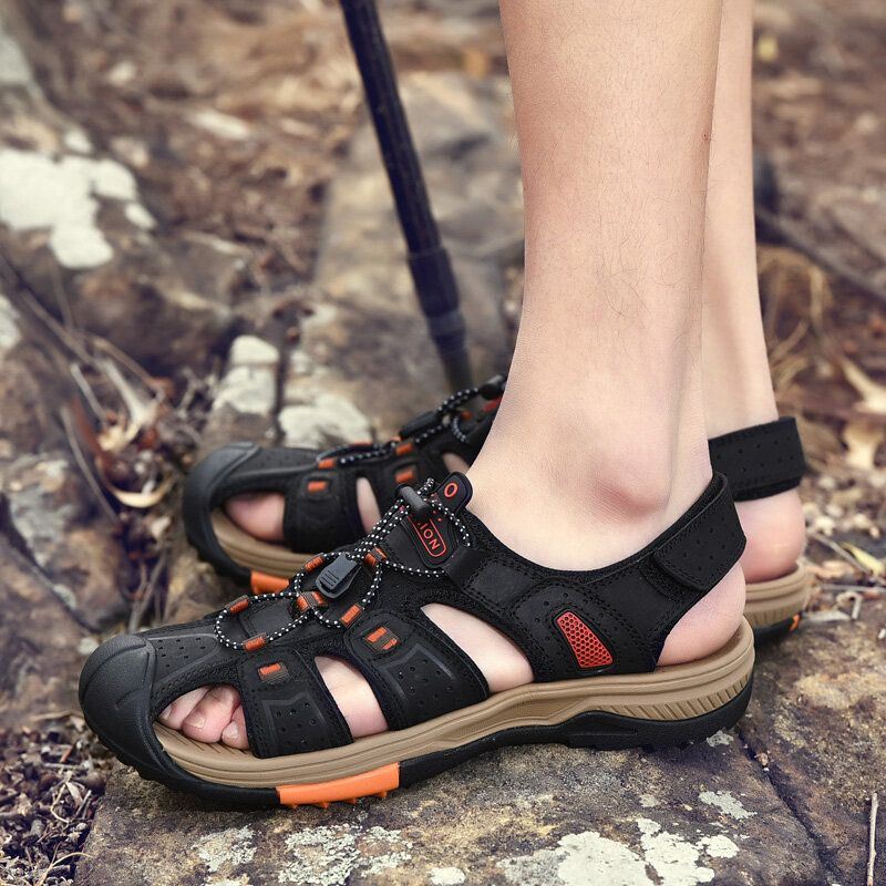 Heren Koeienhuid Zachte Bodem Antislip Gesloten Teen Comfortabele Platte Casual Outdoor Sandalen