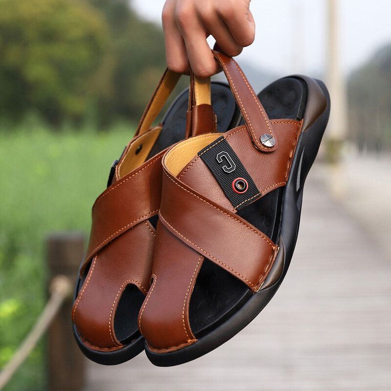 Heren Koeienhuid Zachte Zool Twee-weg Antislip Gesloten Teen Strand Casual Sandalen