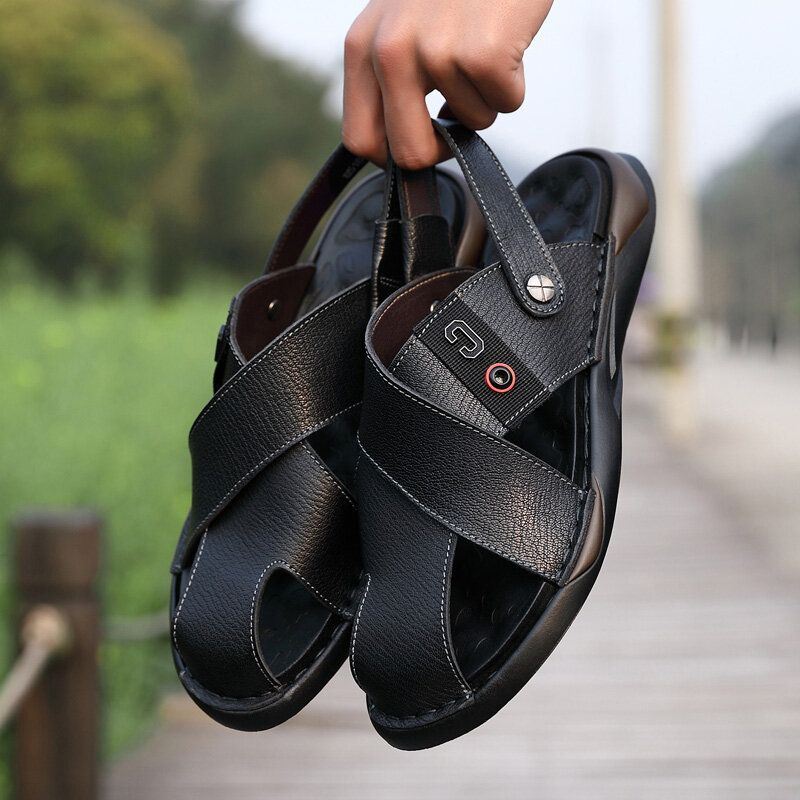 Heren Koeienhuid Zachte Zool Twee-weg Antislip Gesloten Teen Strand Casual Sandalen