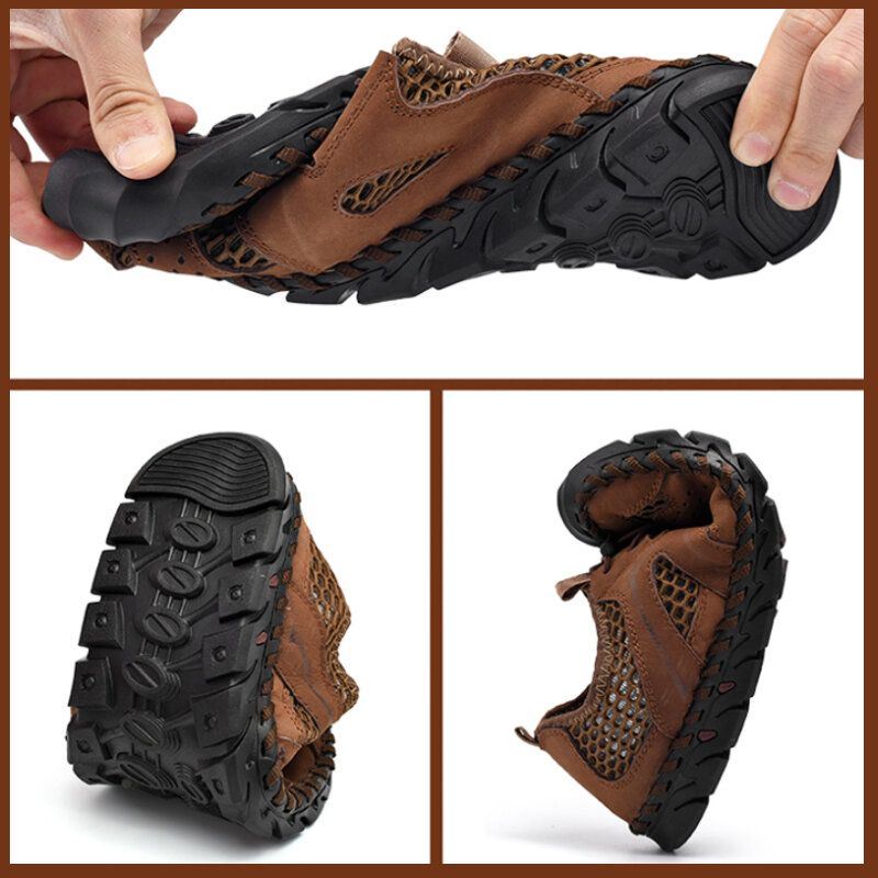 Heren Lederen Mesh Ademende Handstiksels Zachte Bodem Casual Outdoor Sandalen