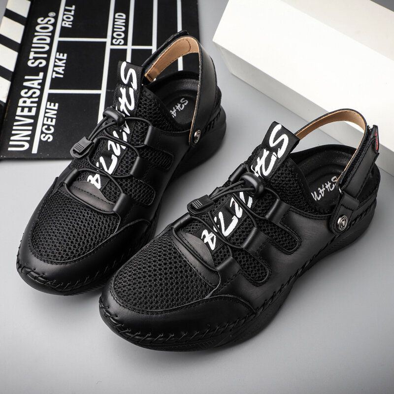 Heren Leer Mesh Ademend Handstiksel Zachte Zool Gesloten Teen Elastische Veters Outdoor Casual Sandalen