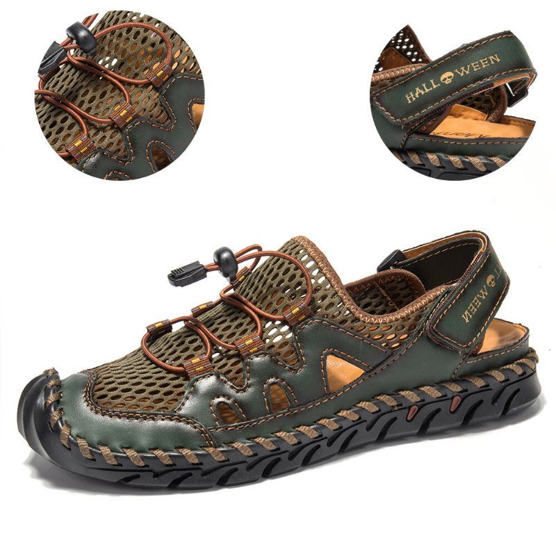 Heren Microfiber Lederen Handstiksels Ademend Mesh Casual Zachte Sandalen