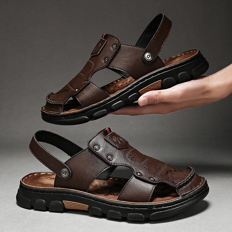 Heren Microfiber Leer Hollow Out Twee-wegs Zachte Zool Antislip Casual Strand Sandalen