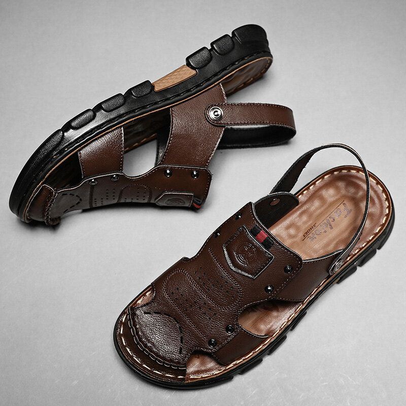 Heren Microfiber Leer Hollow Out Twee-wegs Zachte Zool Antislip Casual Strand Sandalen