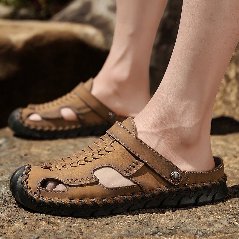 Heren Outdoor Microfiber Leer Geweven Antislip Handstiksels Water Sandalen