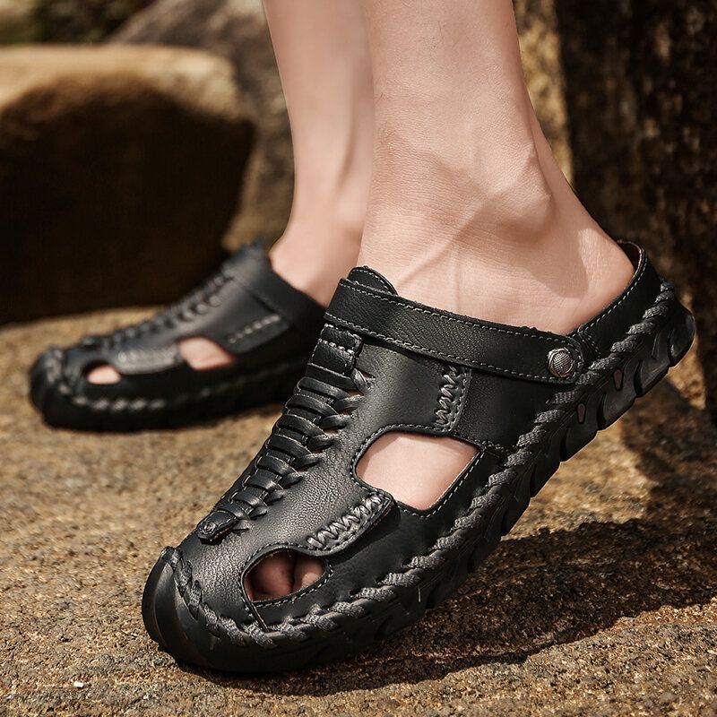 Heren Outdoor Microfiber Leer Geweven Antislip Handstiksels Water Sandalen