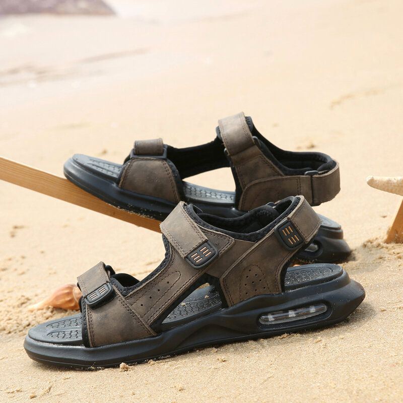 Heren Outdoor Sport-gedempte Comfortabele Leren Strandsandalen Met Haaklus